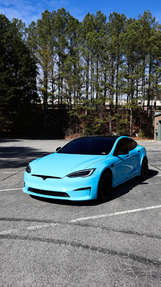 Blue wrapped Tesla Model S